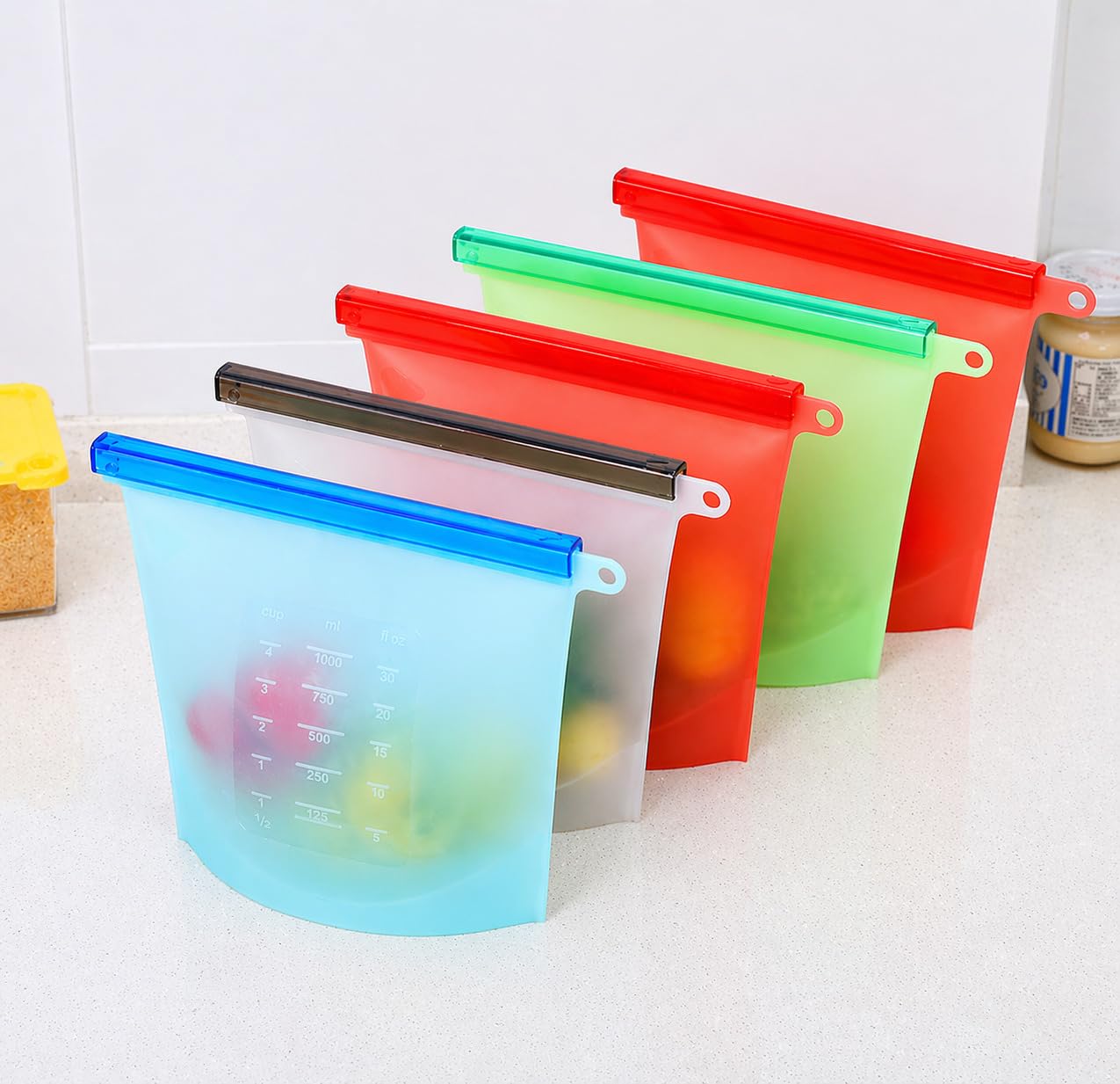 Volcano 1000 Ml Pack Of 5 Silicone Food Storage Bag Containers | Airtight Seal Leakproof Freezer Bags For Snack, Sous Vide, Liqu