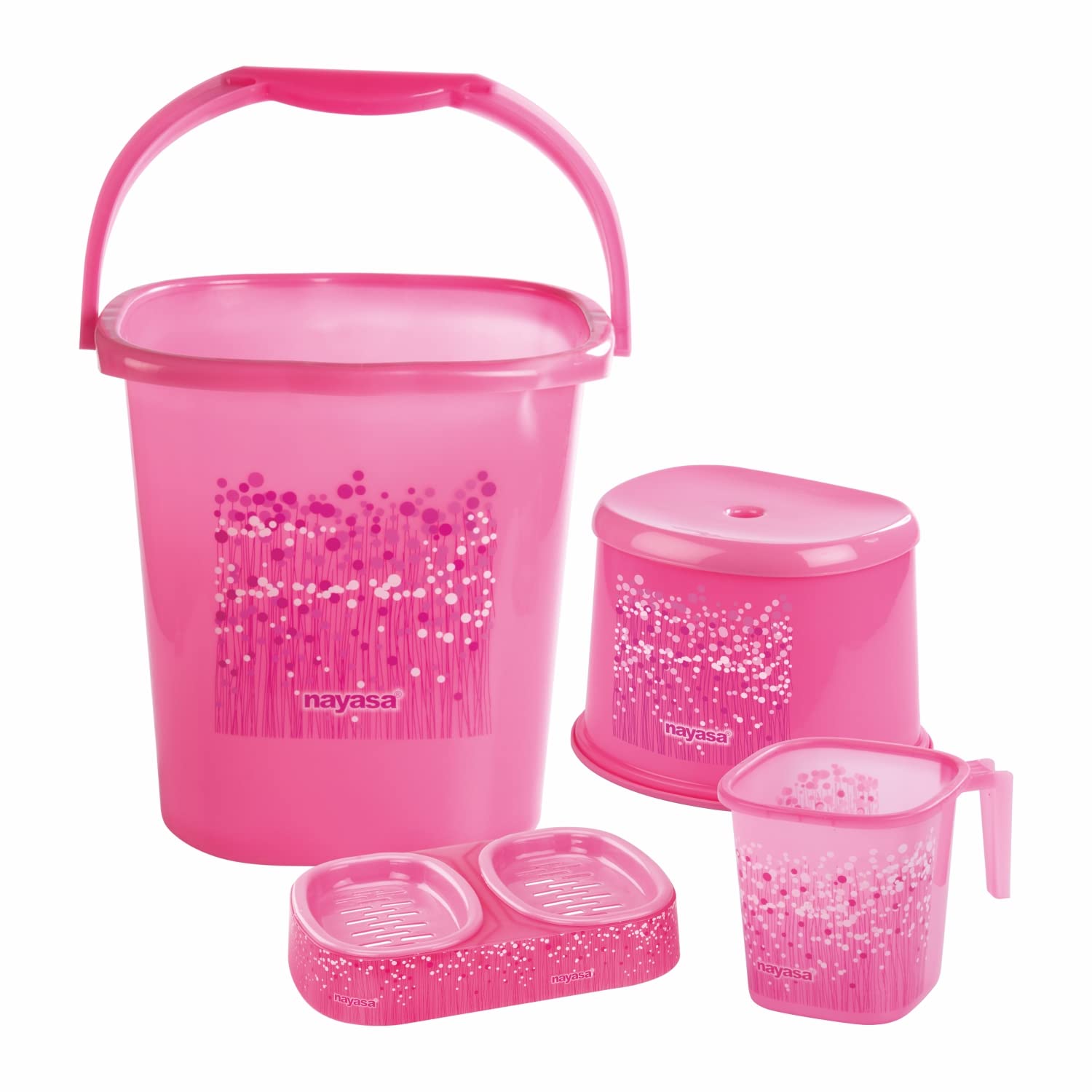 Nayasa Funk Deluxe Bathroom Set Of 4Pcs |Bucket 25 Ltrs. + Mug 1.5 Ltr. + Stool 508 + Twin Soap Case | Bucket Set | Pink