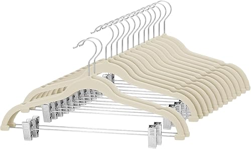 Cozymood Velvet Skirt Hangers 36 Packs Ultra Thin Velvet Hangers with Clips Non Slip Velvet Pant Hangers Space Saving Clothes Hangers with Clips  Velvet Clip Hangers for Pants  Skirts  Jeans (Beige)