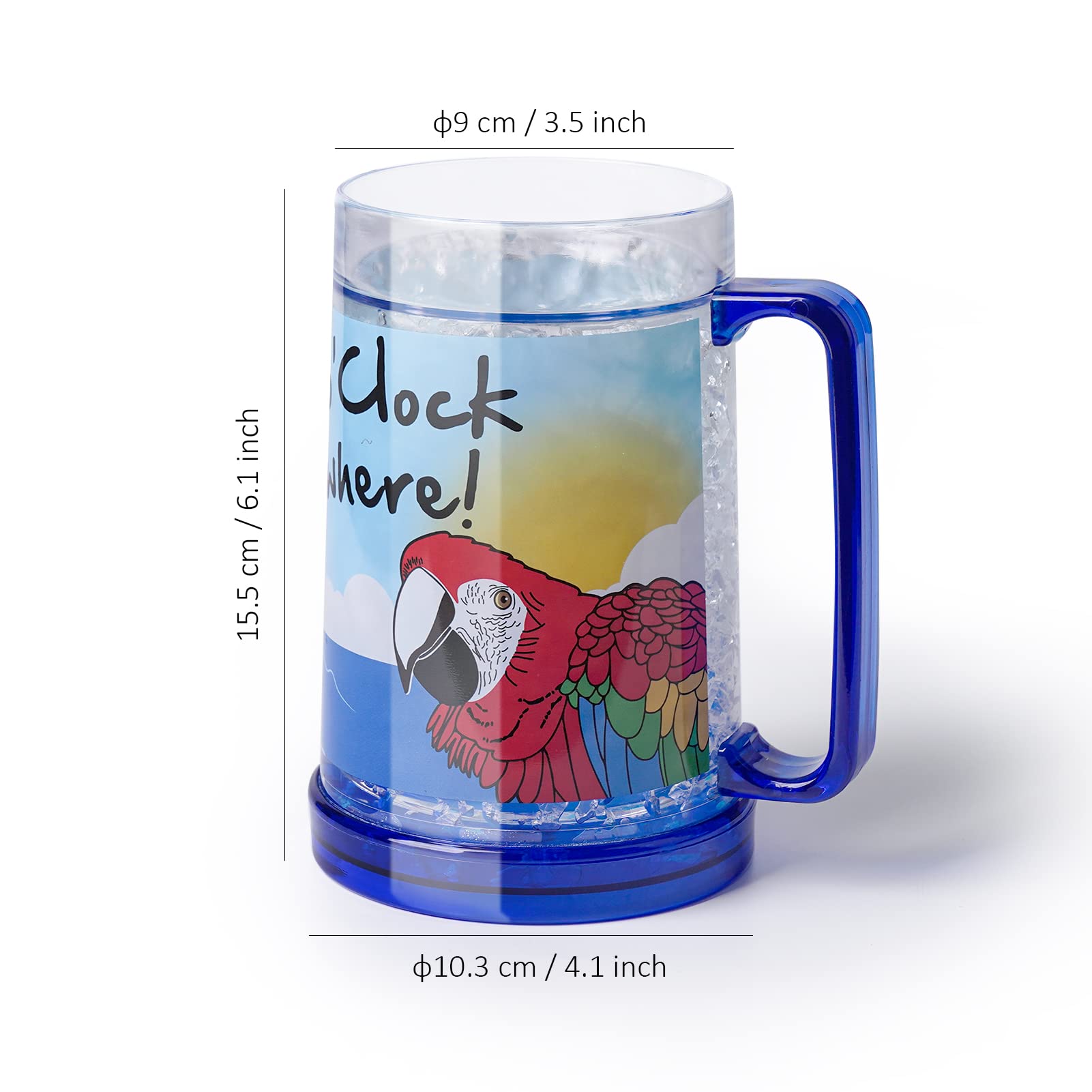 Easicozi It'S 5 O'Clock Somewhere Party Parrot Double Wall Gel Frosty Freezer Ice Mugs Clear 16Oz Set Of 2