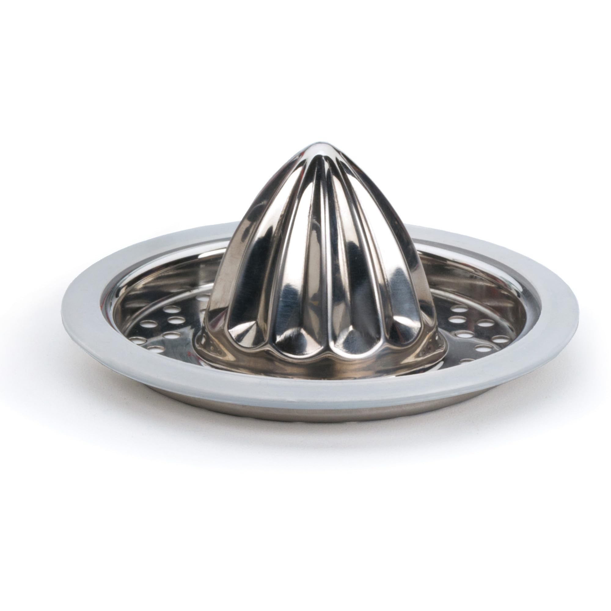 RSVP International Endurance (JUC-PYX) Manual Hand Citrus Juicer Squeezer  Stainless Steel  4.75 Inch Dia.  Use w/ Pyrex Cups  Bowls  For Oranges  Grapefruits  Lemons  Dishwasher Safe Silver
