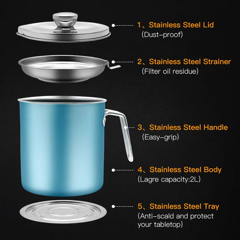 Bacon Grease Container, 2L Stainless Steel Oil Storage Can Container With Strainer, Suitable For Kitchen Cooking Or Frying Oil K