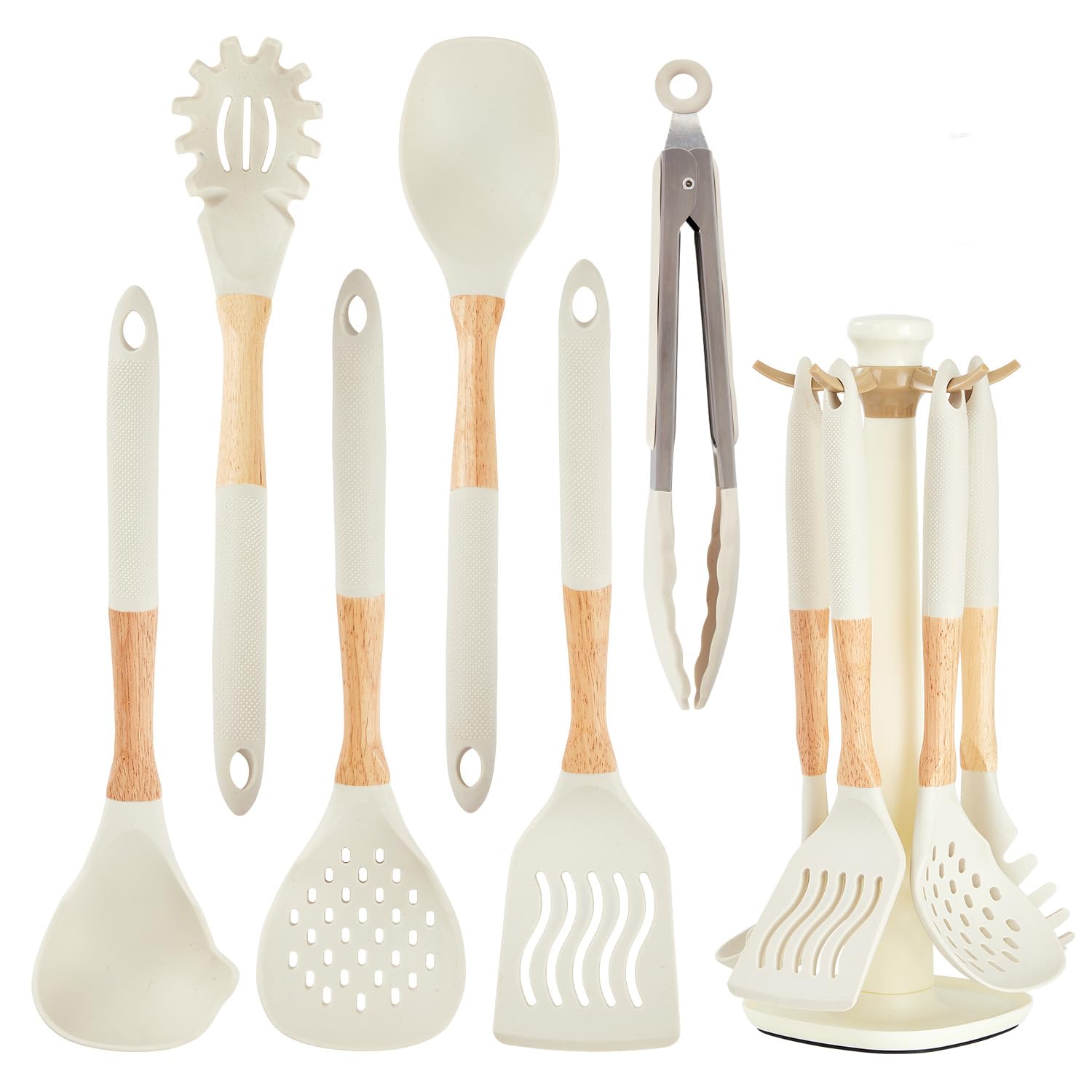 Gaixvny Kitchen Utensils Set - 7 PCS Non-Stick Silicone Cooking Utensils Set Spatula Set with Holder, Wooden Handle Spoon,Tongs,