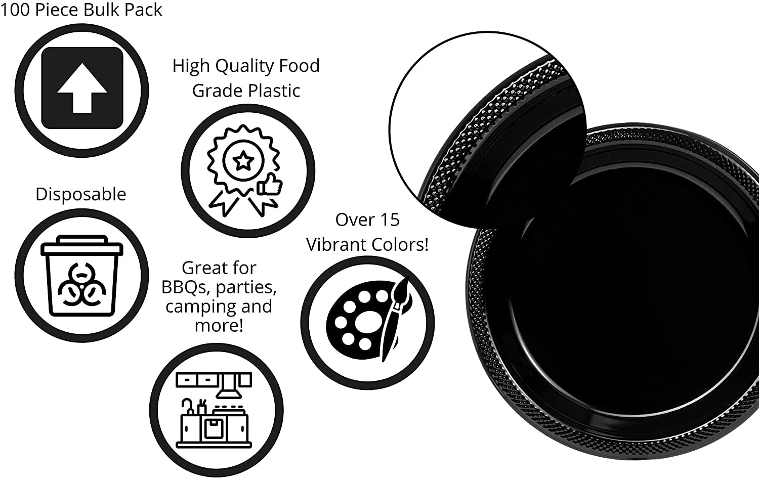 Exquisite 7 Inch. Dessert Plates Black Plastic Plates Disposable, 100 Count Black Plate Set, Disposable Plates For Party, Plasti