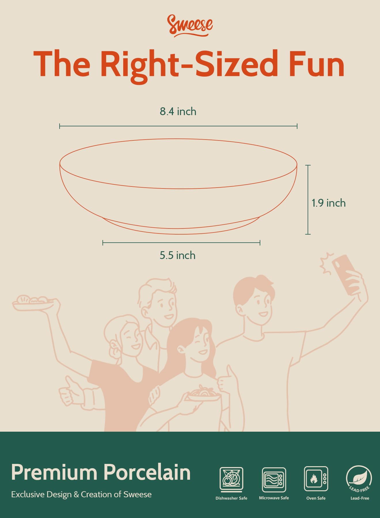 Sweese Pasta Bowls, 30 Ounce Salad Serving Bowls Set Of 6, 8.4 Inch Porcelain Plates For Serving Dinner, Salad - Microwave Dishw