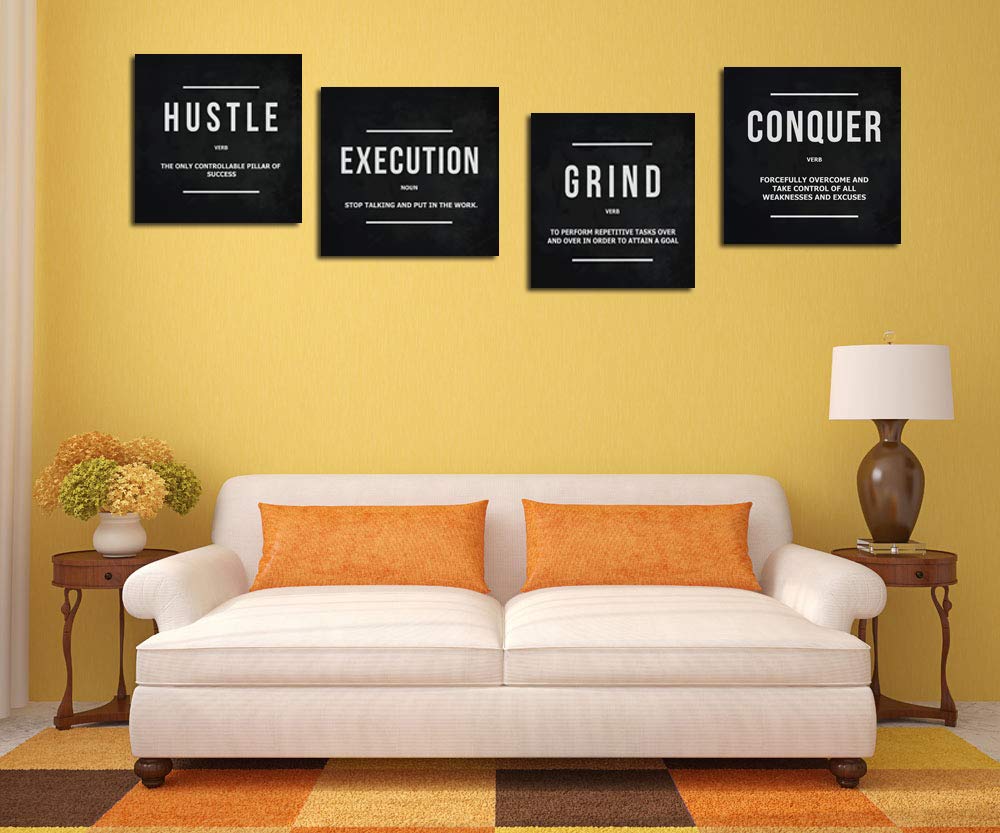 Grind Hustle Execution Conquer Entrepreneur Quotes Inspirational Wall Art - Motivational Canvas Print Framed Picture Painting Fo