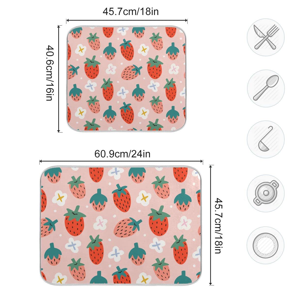 Pink Strawberry Dish Drying Mat For Kitchen Fruits Flowers Microfiber Drying Mats Absorbent Reversible Dish Pad Medium Dish Drai