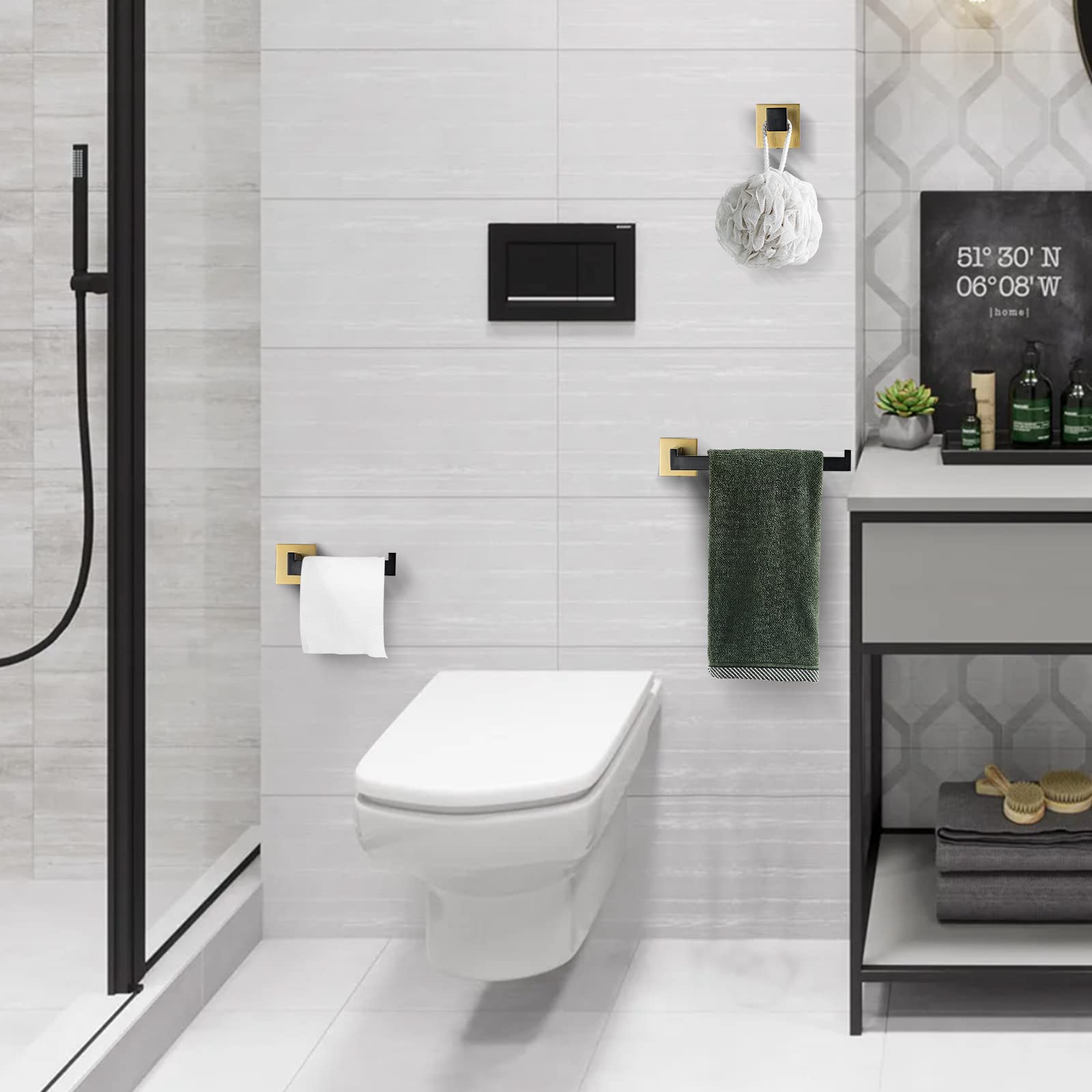 Turs 3-Piece Bathroom Hardware Set Black And Gold Hand Towel Holder Toilet Paper Holder Towel Hook Stainless Steel Towel Bar Set