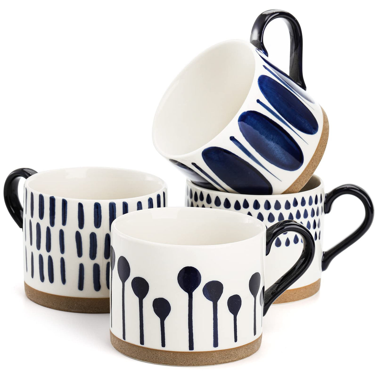 Soujoy Set Of 4 Porcelain Coffee Mugs, 15 Oz Hand Painted Coffee Cups With Handles, Large Glazed Stoneware Mugs For Tea, Hot Or