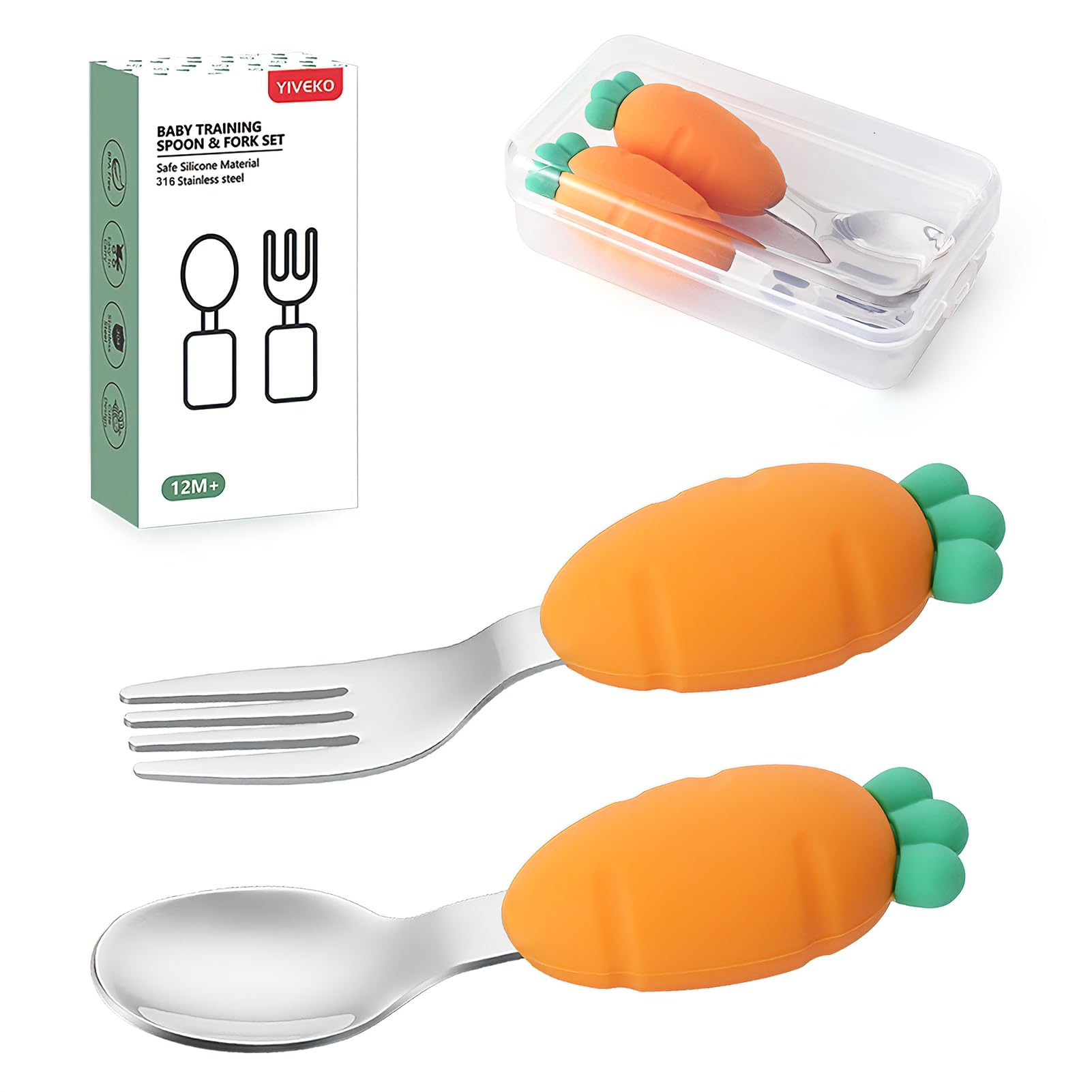 Baby Fork and Spoon Set with Carry Case Baby Training Utensils Self Feeding Toddler Silverware Silicone and Stainless Steel Kids