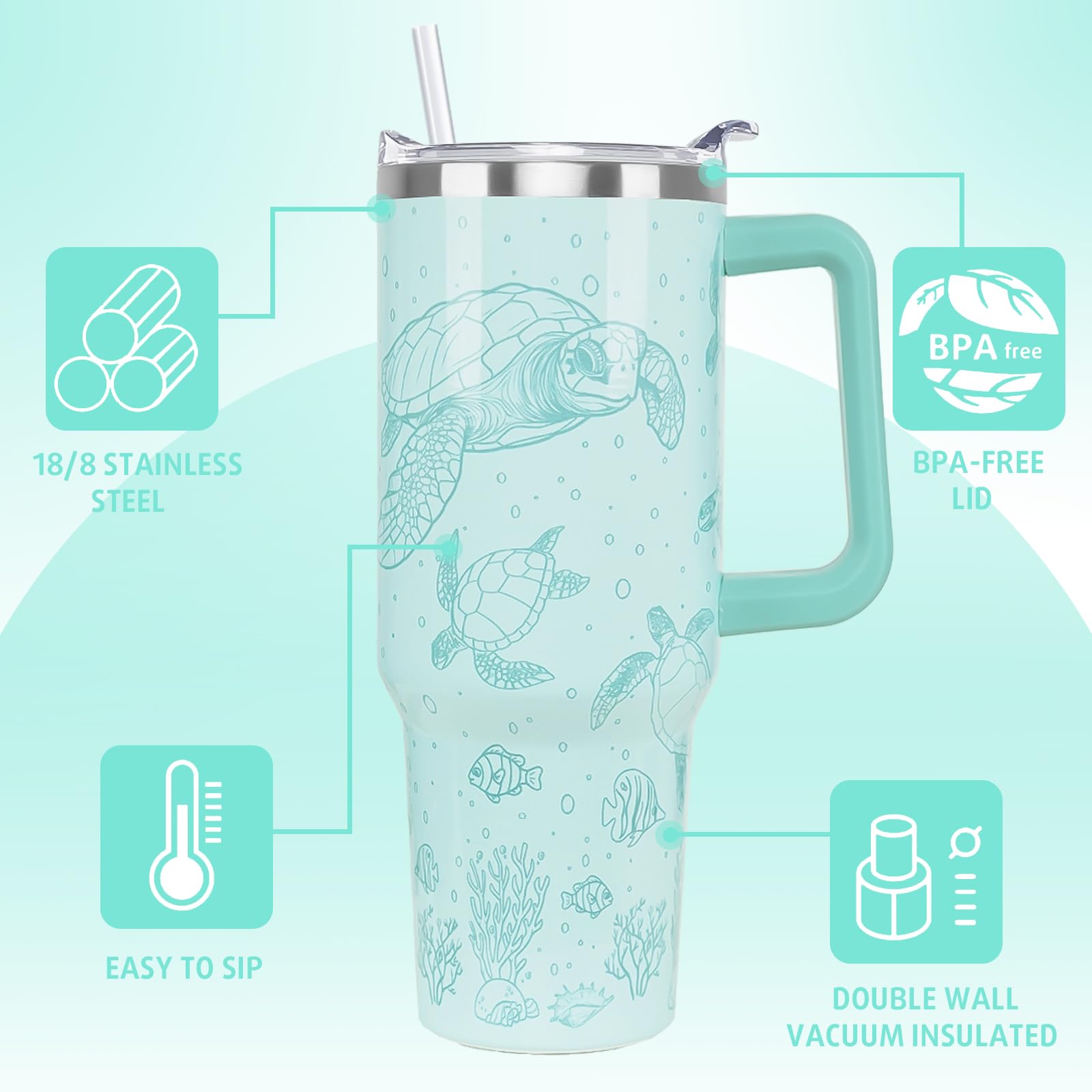 Nqhsionv Sea Turtle Tumbler with Handle and Straw 40 oz Turtle Cup Hawaiian Ocean Turtles Coffee Travel Mug Stainless Steel Insu