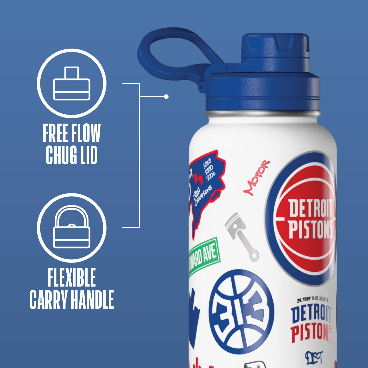Hydrapeak x NBA Officially Licensed Detroit Pistons 32 oz Active Water Bottle with Chug Lid Reusable Stainless Steel Double Wall