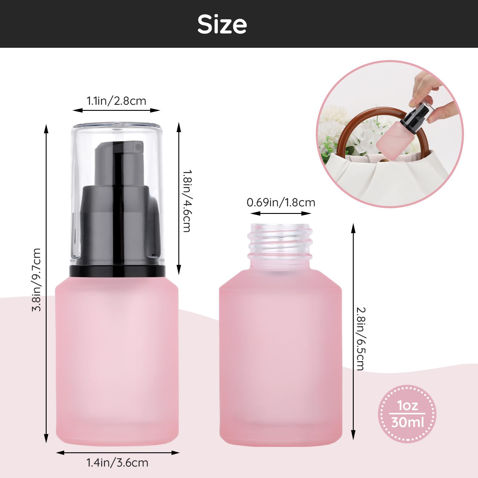 Segbeauty 1Oz Frosted Empty Glass Lotion Bottles, 5Pcs Small Pump Bottle Travel Size Pump Dispenser, 30Ml Pink Reusable Cosmetic
