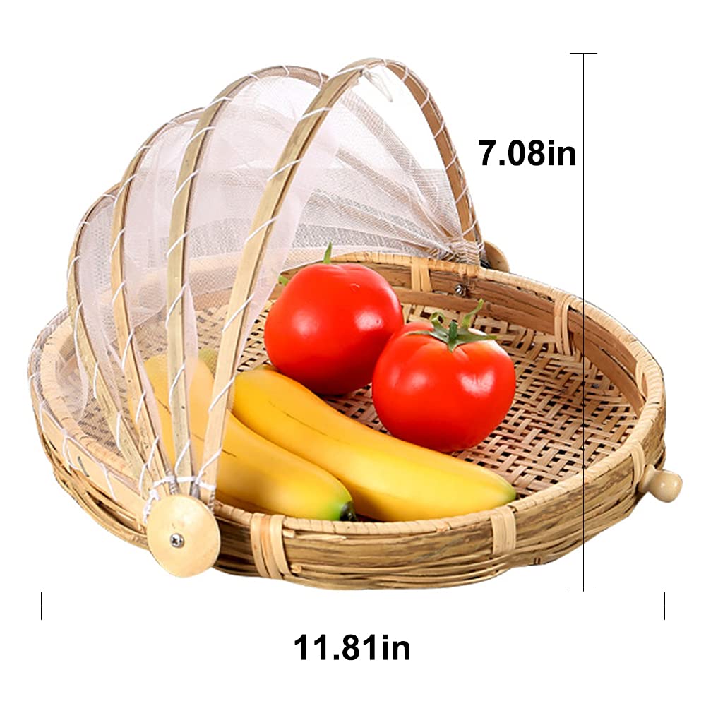 Food Bamboo Food Serving Tent Basket Hand-Woven Basket Serving Dustproof Round Picnic Basket Vegetable Fruits Bread Food Home Fo