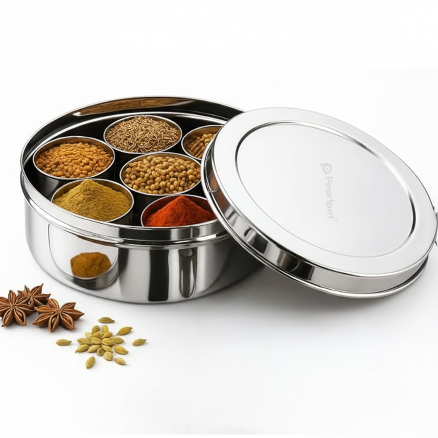 Pearlpet Stainless Steel Masala Box With 7+1 Cups & Spoon | Spice Storage Container With Steel Lid | Durable Indian Masala Dabba