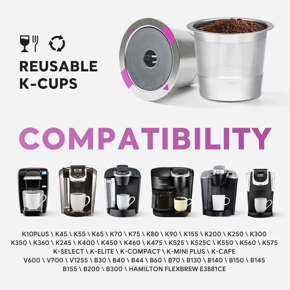 Stianless Steel Reusable K Cup Coffee Pods Compatible For K Eurig 1.0 & 2.0 Coffee Maker Refillable K-Eurig Coffee Filter With R