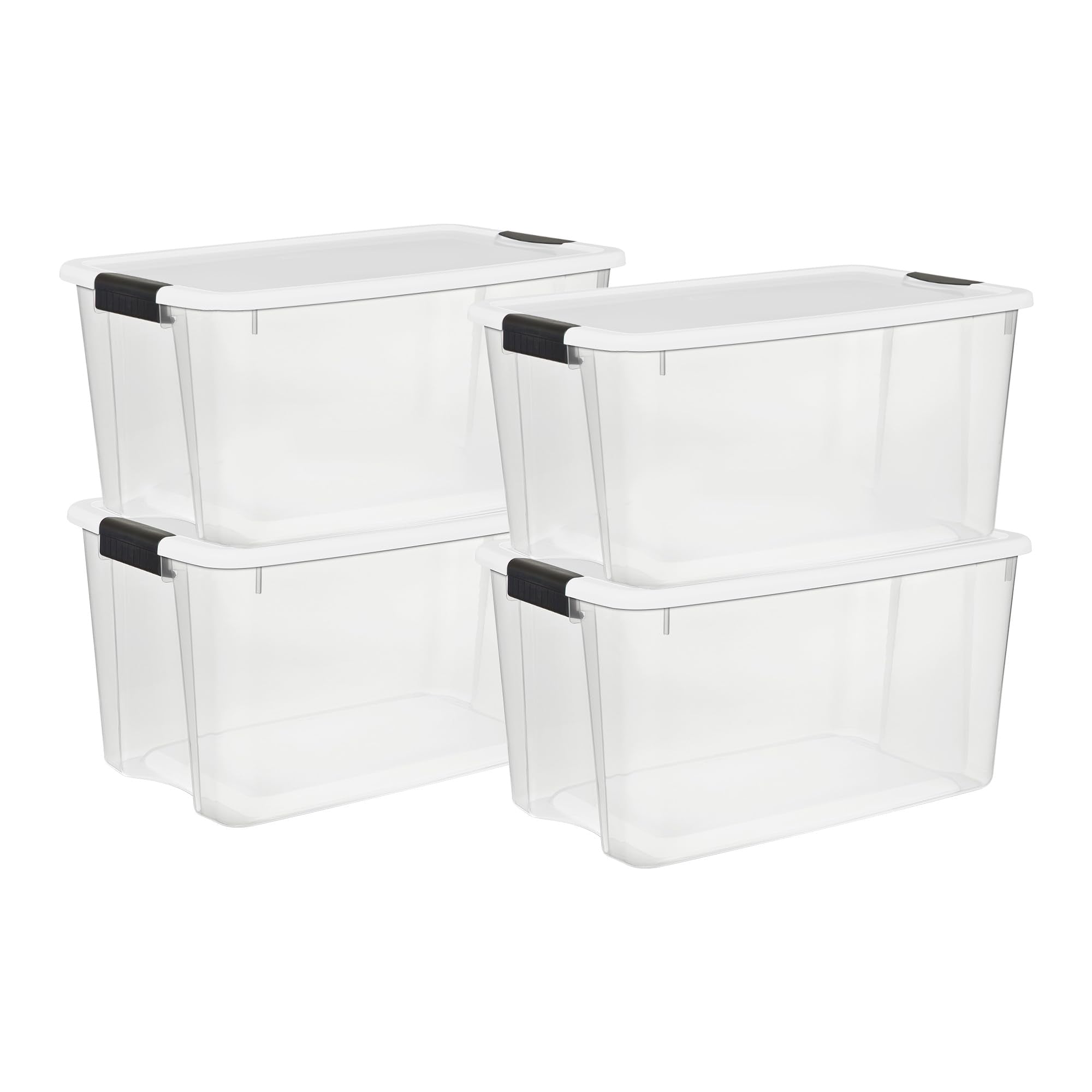 Sterilite 70 Qt Ultra Latch Box  Stackable Storage Bin with Latching Lid  Organize Clothes  Sport Gear in Basement  Clear with White Lid  4-Pack