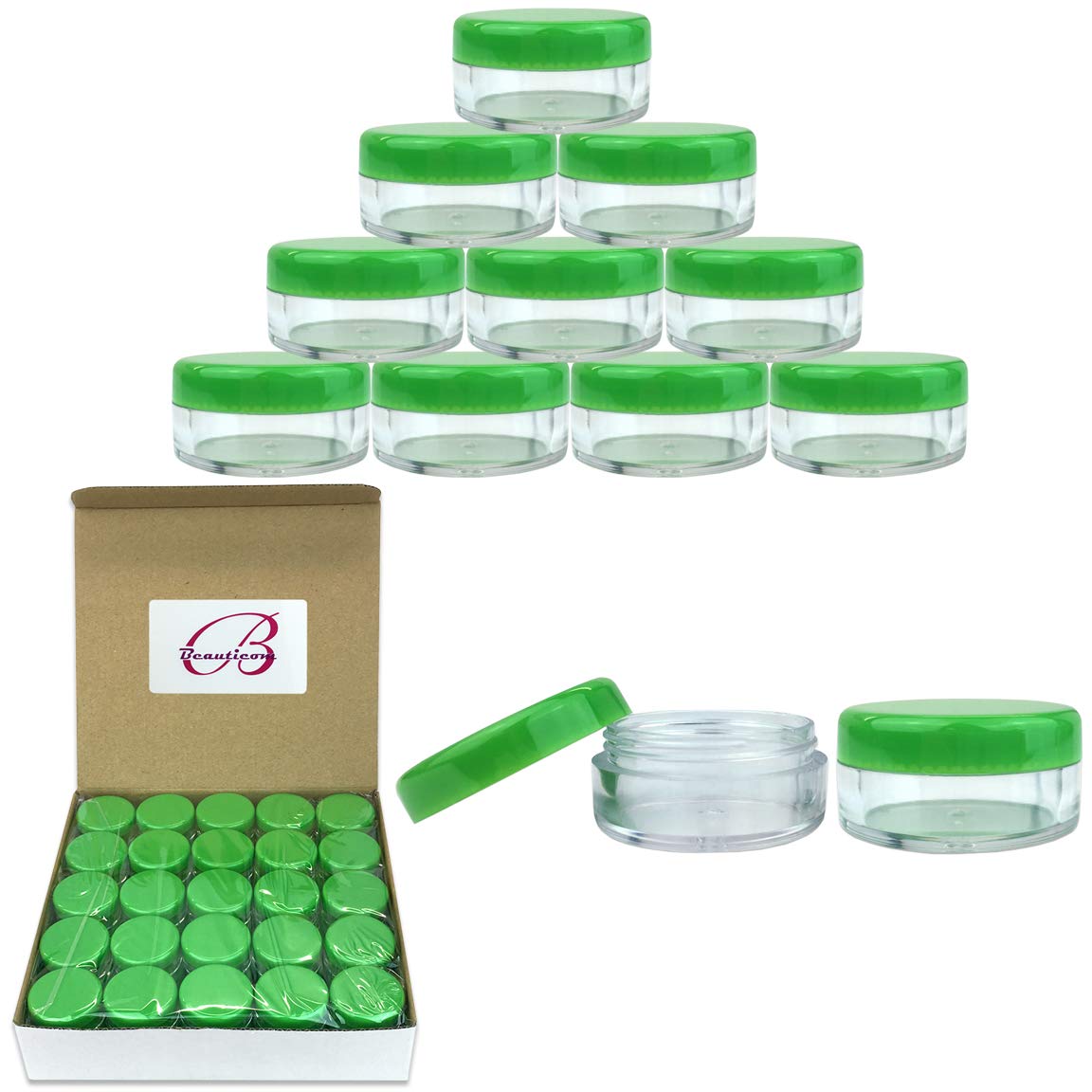 (Quantity: 50 Pieces) Beauticom 5G/5Ml Round Clear Jars With Green Lids For Scrubs, Oils, Toner, Salves, Creams, Lotions, Makeup
