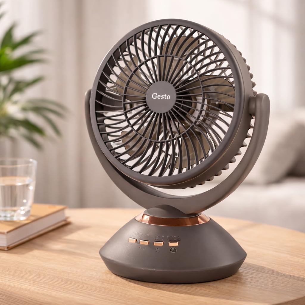 Gesto 10 Inch High Speed Rechargeable Table Fan With Automatic Oscillation | 7200Mah Battery | 4 Speed Modes | Led Night Light |
