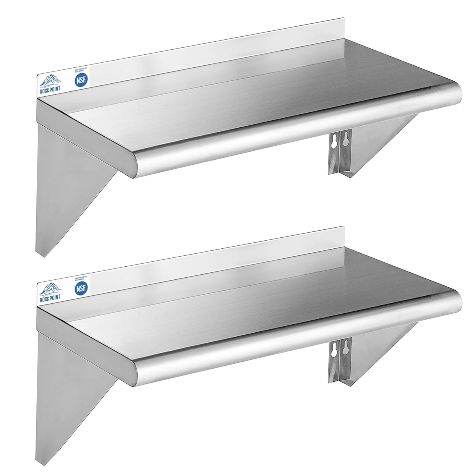 ROCKPOINT Stainless Steel Shelf 12 x 24 Inches 250lb, 2 Pack NSF Metal Commercial Shelves Wall Mount Floating Shelving with Back