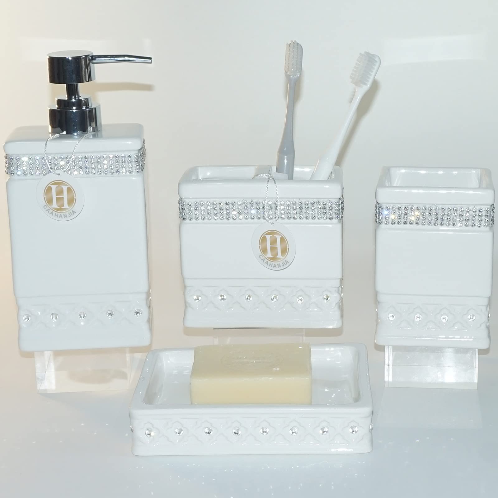 Caahanjia Bathroom Accessories Set 4 Pcs-Ceramic Gift Set Soap Dispenser Pump & Toothbrush Holder & Tumbler Cup & Soap Dish - Ba