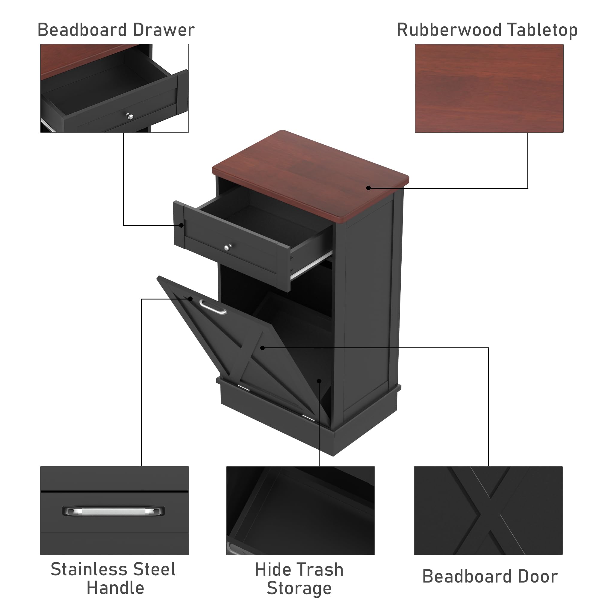 Tolead Tilt Out Trash Cabinet,Antique-Style Barn Door Kitchen Island With Solid Wood Tabletop  Drawer, Pet Proof Trash Can, Wood