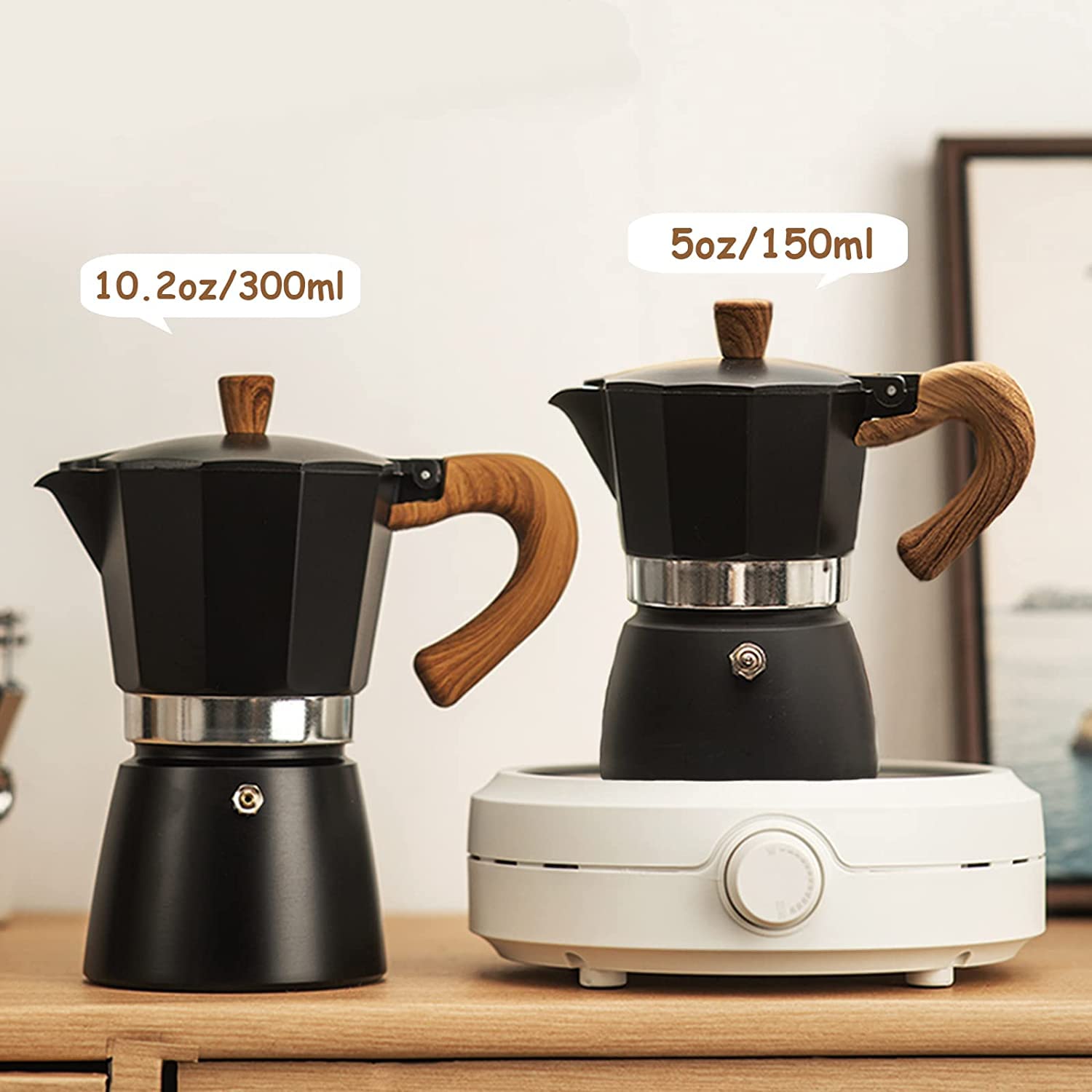 Conyee Moka Pot 6 Cup Stovetop Espresso Maker, Aluminum, Black - Manual Cuban Coffee Percolator for Cappuccino or Latte