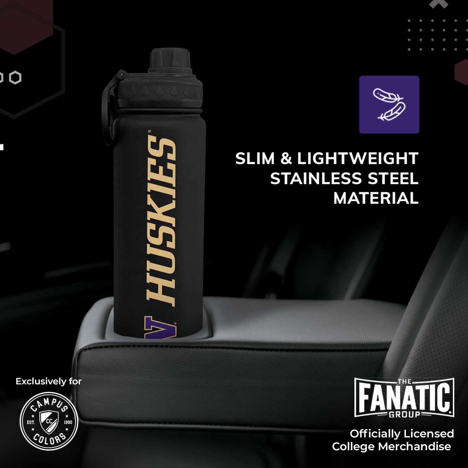 Stainless Steel Vacuum Sealed Sport College Water Bottle, Twist-On Cap, Built-In Handle For Hot Or Cold Drinks, 24 Oz (Washingto