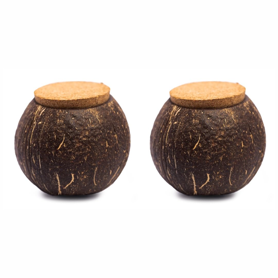 Thenga Handmade Coconut Shell Storage Containers With Lid, 300 Ml, Set Of 2