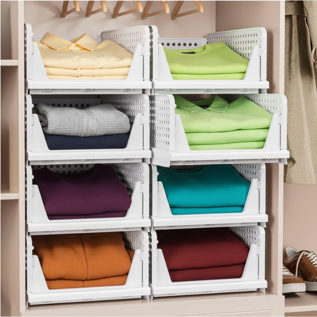 Aliensware 8Pcs Large Size Clothes Storage Rack, Cloth Organizer For Cupboard, Wardrobe, Stackable & Foldable Basket Closet Orga