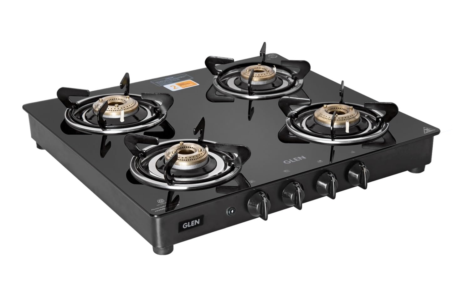Glen Gas Stove 4 Burner Toughened Glass Top Png Gas Stoves 55 Cm | Auto Ignition | Brass Burners | Black | Isi Certified | Warra