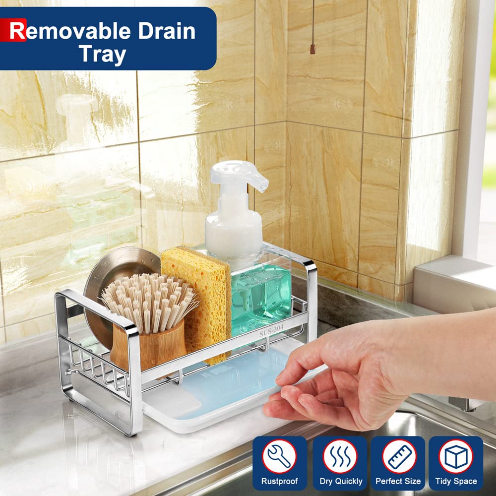 Hulisen Kitchen Sink Sponge Holder, 304 Stainless Steel Kitchen Soap Dispenser Caddy Organizer, Countertop Soap Dish Rack Draine