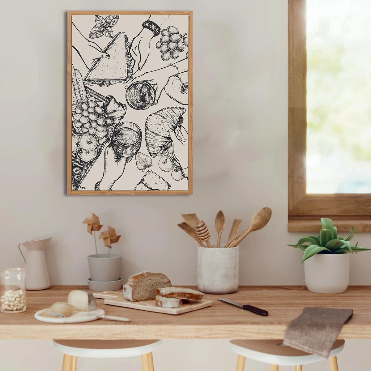 Bincue Framed Food Wood Wall Art Set Of Three Modern Cheers Kitchen Wall Decor Abstract Friends Party Art Print For Kitchen Dini