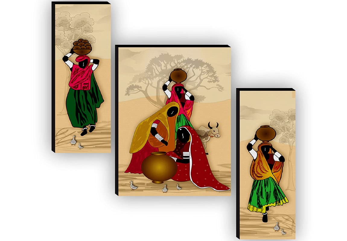 Saf Set Of 3 Rajasthani Village Ladies Modren Art Uv Textured Home Decorative Gift Item Mdf Painting 12 Inch X 18 Inch Saf-Jms67