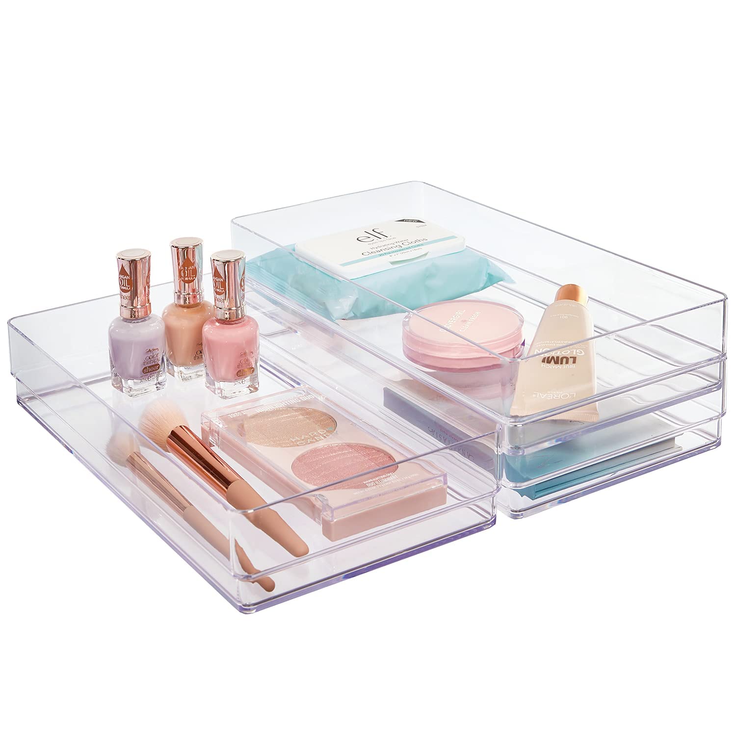 STORi SimpleSort 3-Piece Stackable Clear Drawer Organizer Set | 12'' x 6'' x 2'' Rectangle Trays | Wide Makeup Vanity Storage Bi