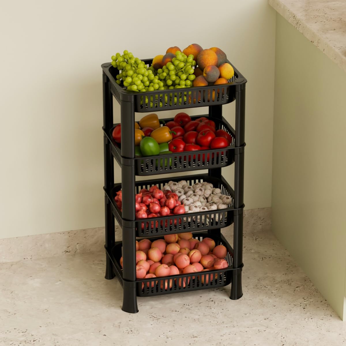 Morbrix Multipurpose Plastic Vegetable & Fruit Storage Rack For Kitchen | 4Tier Stackable Organizer Shelf Stand | SpaceSaving 