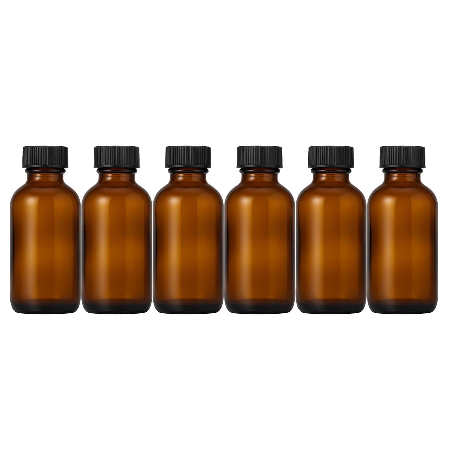 ROHIJALE 6Packs 60ml Amber Glass Boston Round Bottles with Black Caps Refillable Empty Containers 2Oz Liquid Storage Glass Bottl