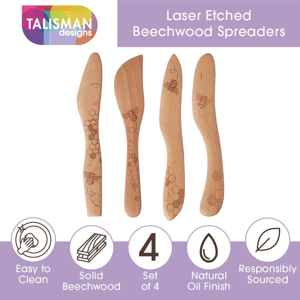 Talisman Designs Laser Etched Beechwood Spreaders | Set Of 4 Honey Bee Design | Cutting, & Spreading Cheese | Cute & Functional