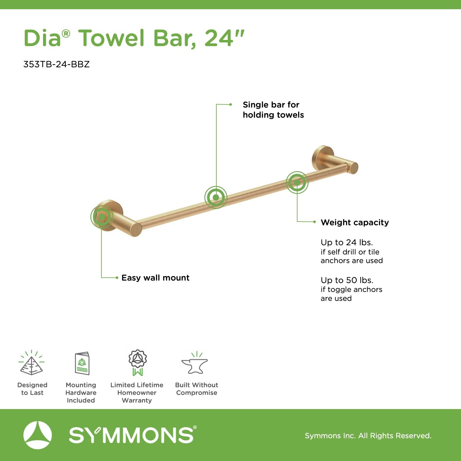Symmons 353Tb-24-Bbz Dia 24 In. Wall-Mounted Towel Bar In Brushed Bronze