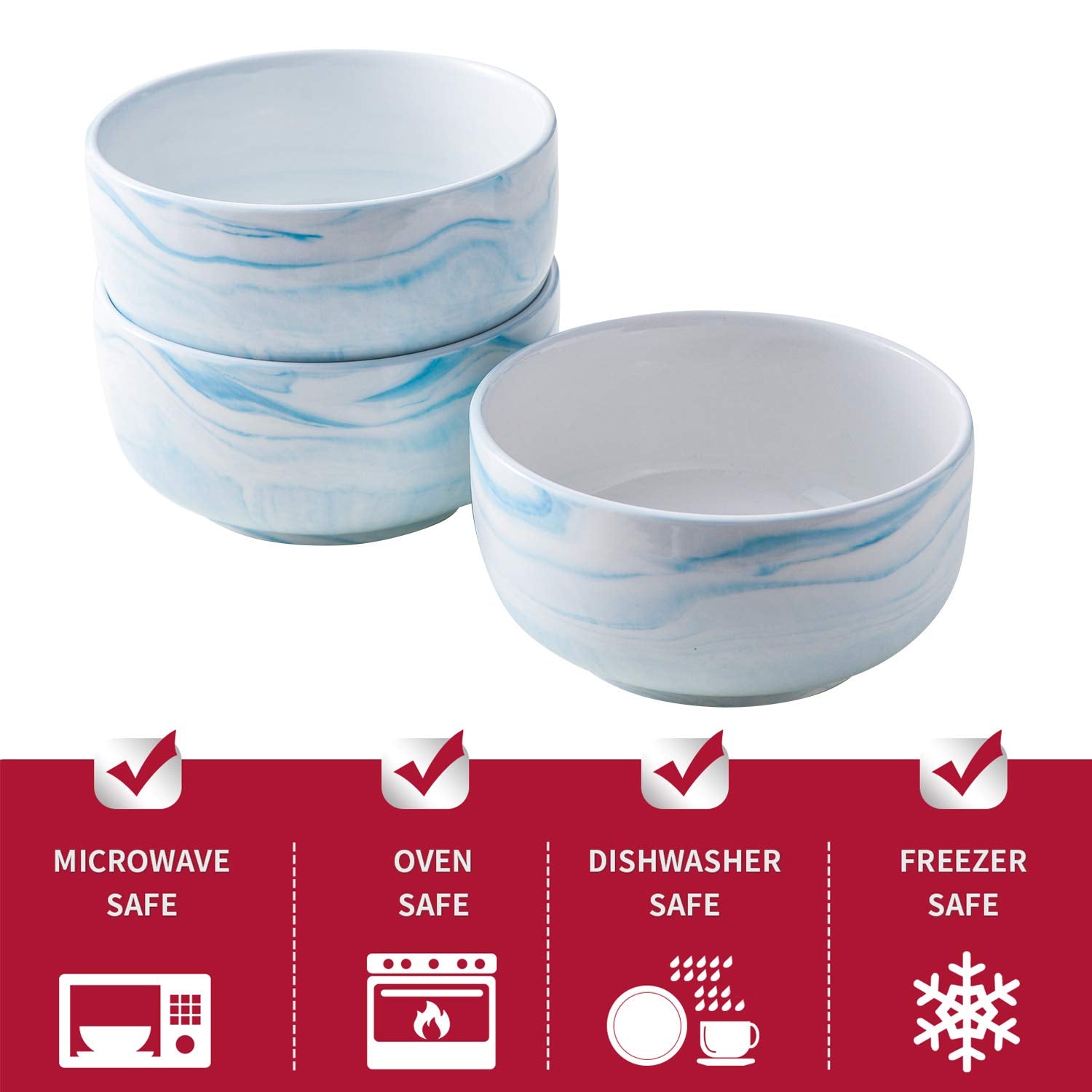 Yundu 14 Ounce Blue Marble Porcelain Bowls Ice Cream, Dessert, Cereal Bowls, Microwave And Dishwasher Safe, Set Of 6