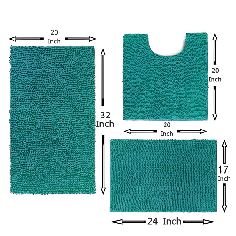 Madeals Bath Rug Set 3 Piece Bathroom Contour Rugs Combo, Soft Shaggy 2 Piece Bath Shower Mat And U-Shaped Toilet Floor Rug Teal