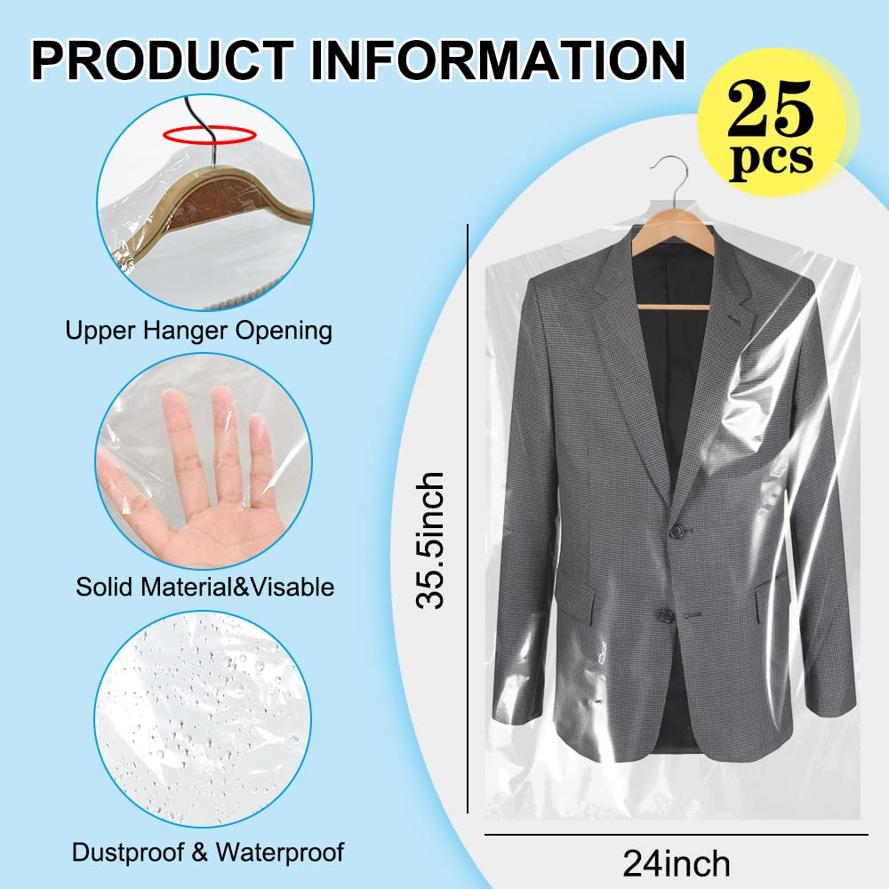 Beishida 25Pcs 35.5 Inch Plastic Garment Bag Dry Cleaner Bags Clear Plastic Bag Dry Cleaning Laundry Bags For Clothes Cover Hang