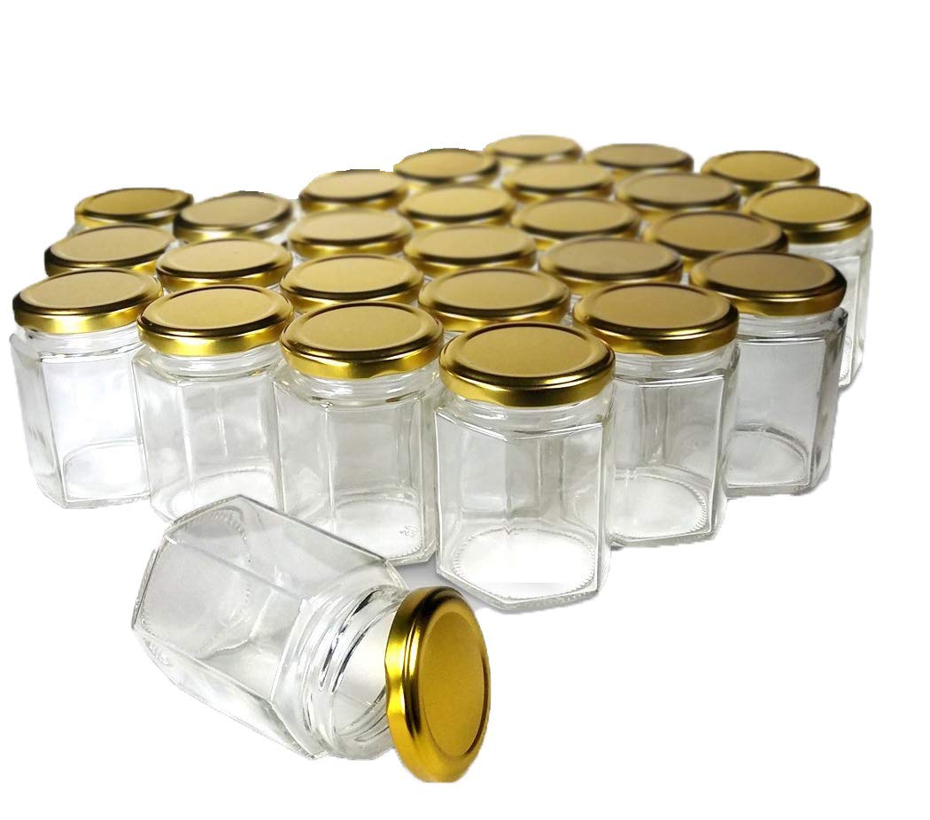 Machak Hexagon 260 Ml Glass Jar Storage Container With Air Tight Lid, Set Of 14, Brown