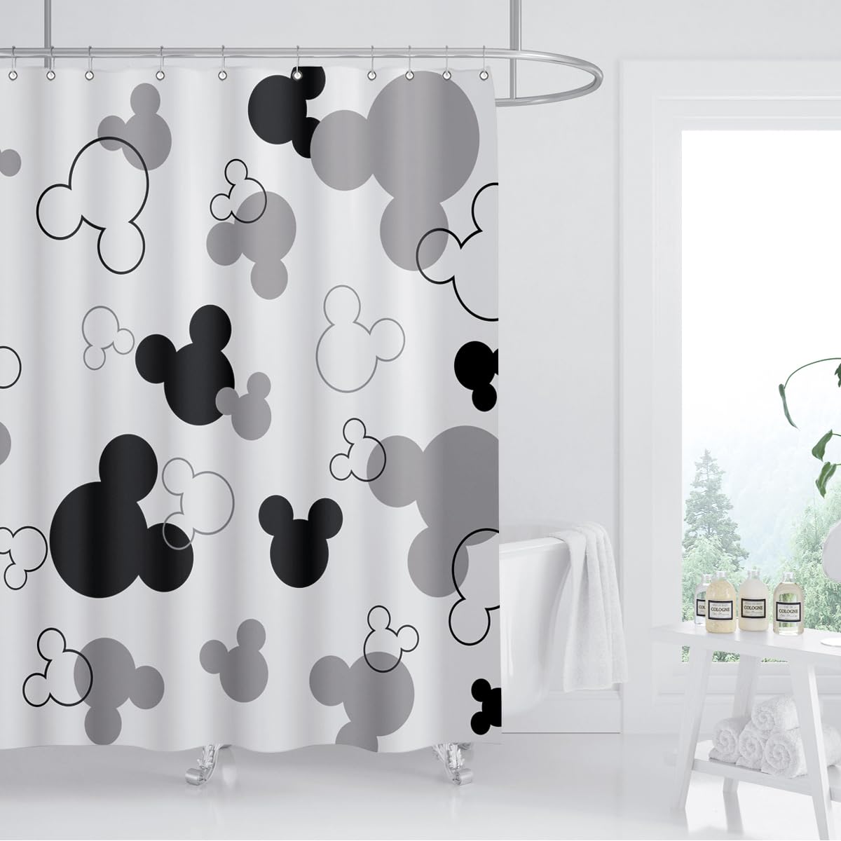 Biysuc Mouse Head Shower Curtain Black And White Children Cartoons Kids Bath Curtain Cute Animal Grey Bathroom Home Decor Waterp