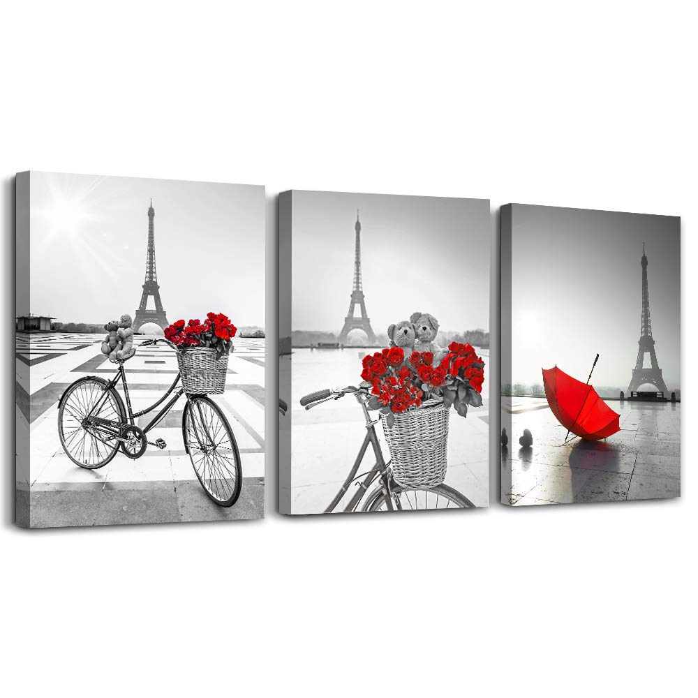 Red Flowers 3 Piece Canvas Print Wall Art For Living Room Bathroom Decorations Bedroom Wall Decor Modern Eiffel Tower Umbrella O