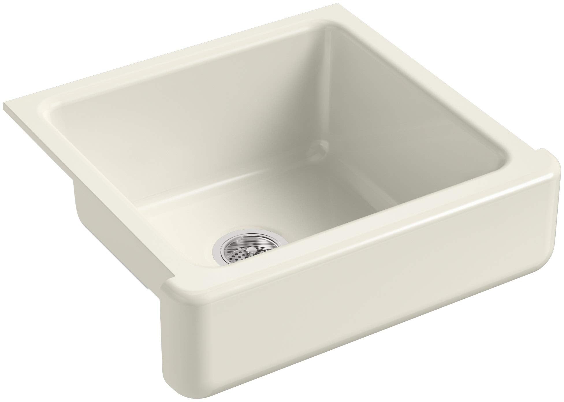 KOHLER Whitehaven Farmhouse Self-Trimming Apron Front Cast Iron Sink, Single Bowl with Short Apron, 24 Inch, Biscuit
