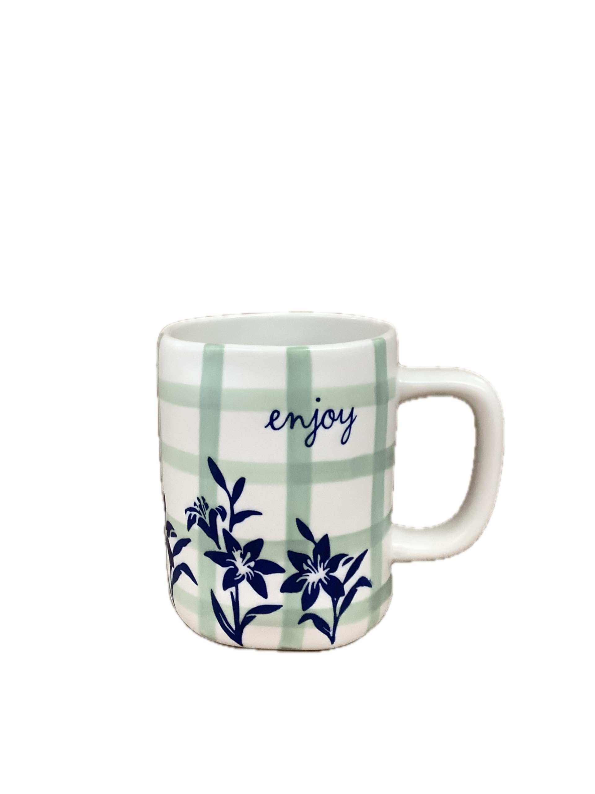 Rae Dunn Coffee Tea Ceramic Mug, Enjoy (Green Plaid)