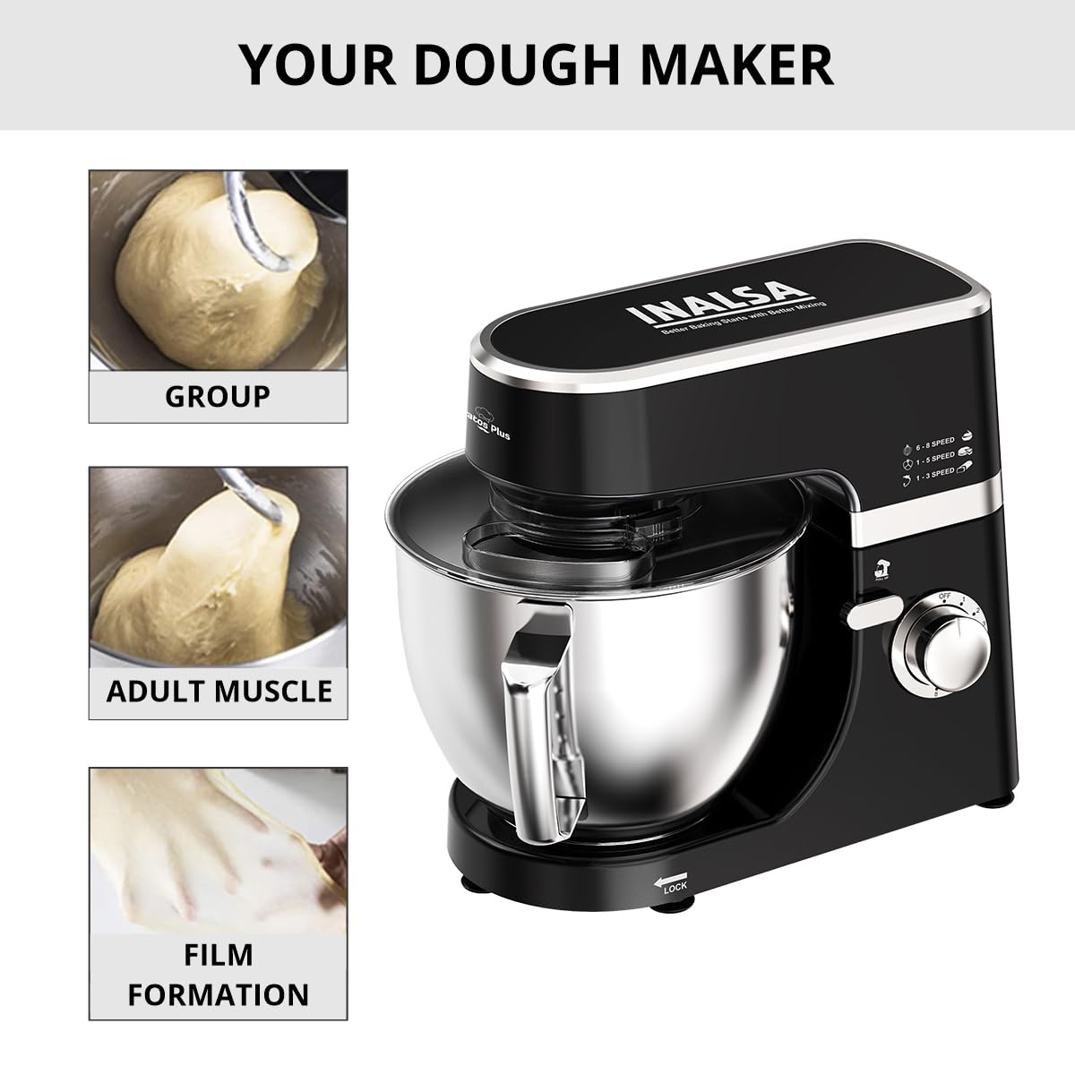 INALSA Stand Mixer 1200W|Pure Copper Motor|5.3L SS Bowl With Splash Guard|Metal Gears for Extra Durability|Accessories Included|