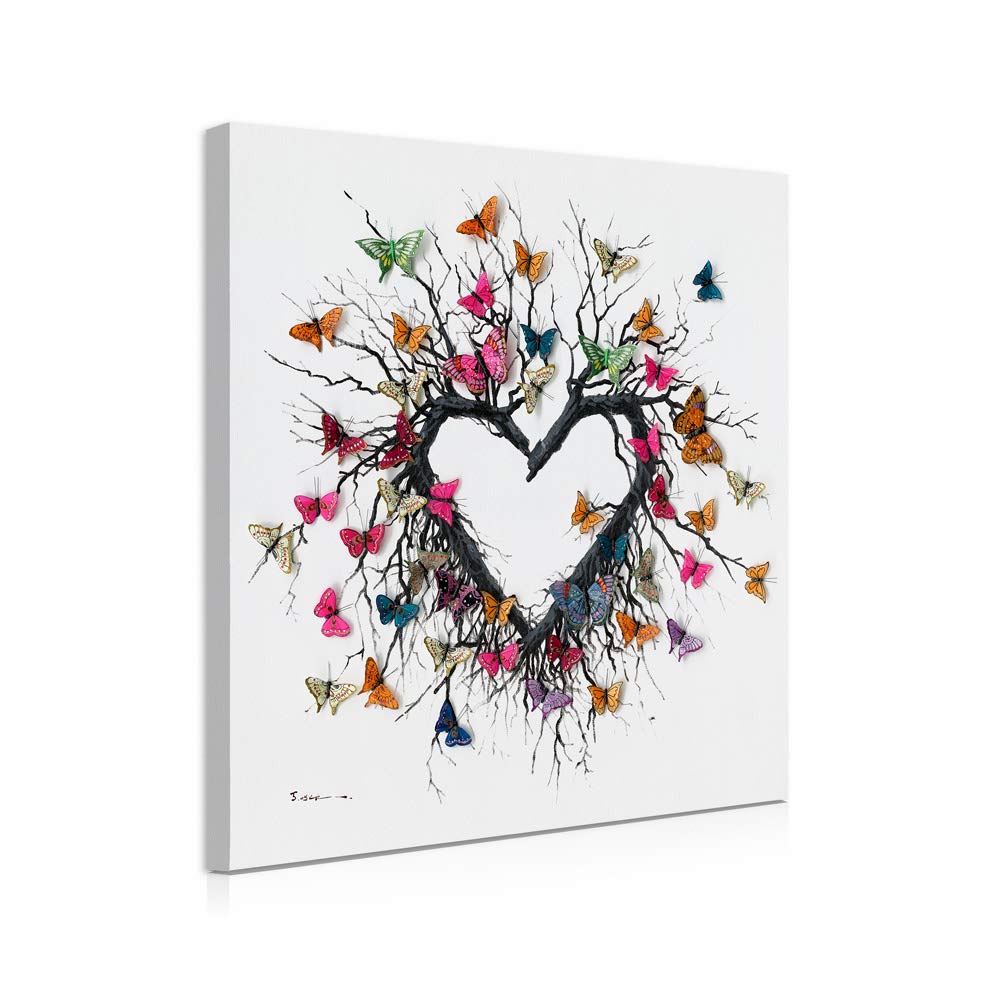 Yidepot Butterfly Canvas Print Wall Art For Bedroom: Heart Shaped Branches Surrounded By Colorful Butterflies Love Themed Pictur