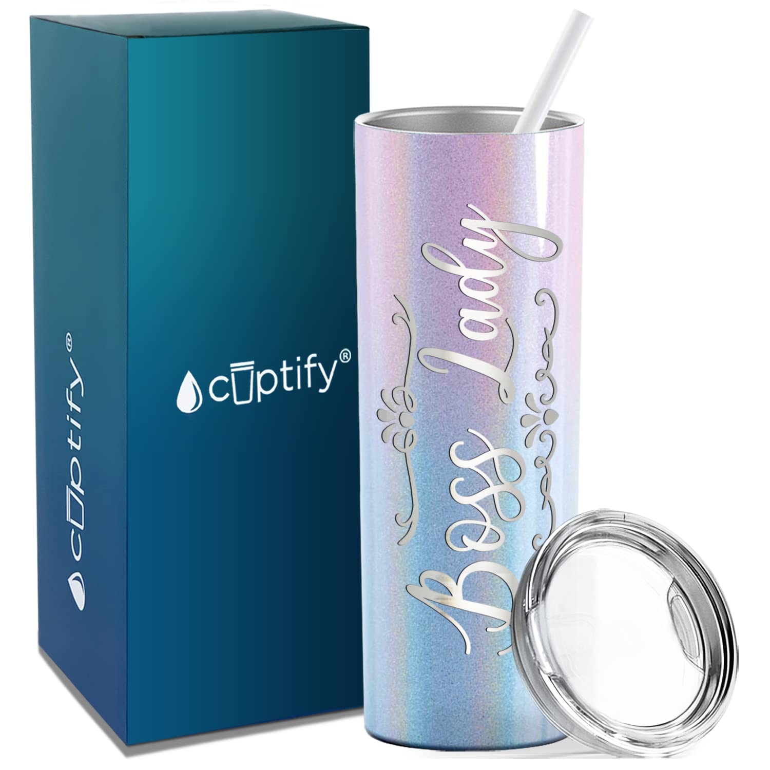 Cuptify Boss Lady Skinny Tumbler With Lid And Straw Laser Engraved On Cotton Candy Glitter 20 Oz Insulated Stainless Steel Birth